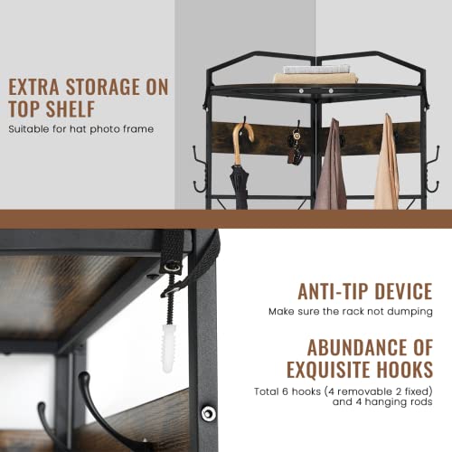 Recaceik Corner Hall Tree Coat Rack With 6 Double Hooks, Wood Home Organizer Shoe Bench Shelf For Entryway, Hallway, Closet, Rustic Brown #TOP3