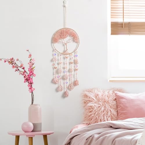 Pink Dream Catchers Crystal Tree of Life Dreamcatcher with Rose Quartz Butterfly Crystal Suncatcher Prism Hangings Decor Wall Window Bedroom Room Home Decoration Gift for Girls Boys Adults - Image 3
