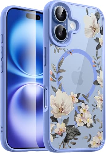 Image of VONZEE Luxury Retro Floral Case Compatible with iPhone 17 Clear PC+TPU Shockproof Back Cover, MagSafe Compatible Wireless Charging Support, Cute Glossy Protective Case for Women & Girls, Official Blue