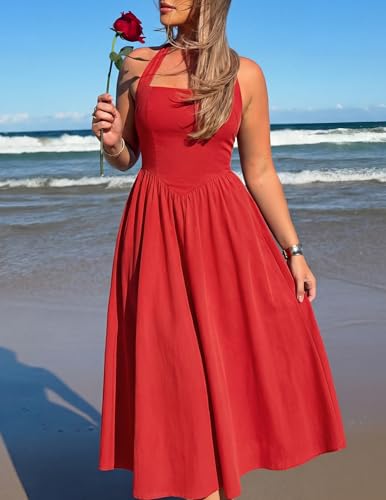 Image of ZESICA Women's Summer Sleeveless Halter Midi Dress 2026 Off Shoulder High Waist Flowy Formal Wedding Guest Long Dresses