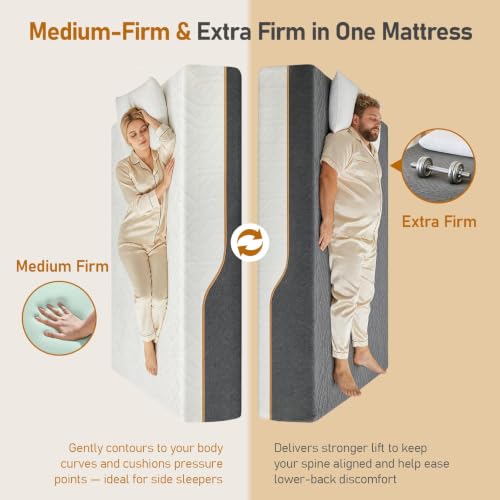 Image of Extra Firm King Mattress 12-Inch: 2 Bonus Pillows, Extra & Medium Firm | Dual Side Flippable Memory Foam, Help with Back Pain Relief, Washable Bamboo Anti-slip Cover, CertiPUR-US Certified, 80x76