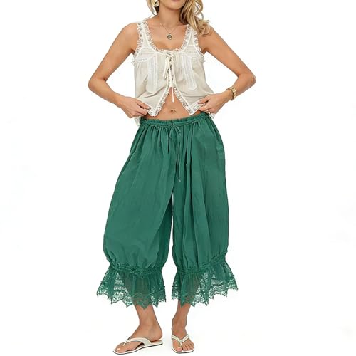 Image of KOSUSANILL Women Long Bloomer Pants Lace Trim Ruffle Pantaloons Cropped Lounge Pajama Bottoms Y2K Capri Pettipants