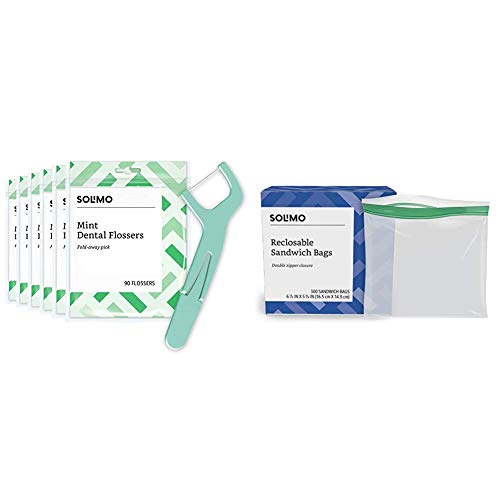 Amazon Brand - Solimo Mint Dental Flossers, 540 Count (6 Packs of 90) & Solimo Sandwich Storage Bags, 300 Count