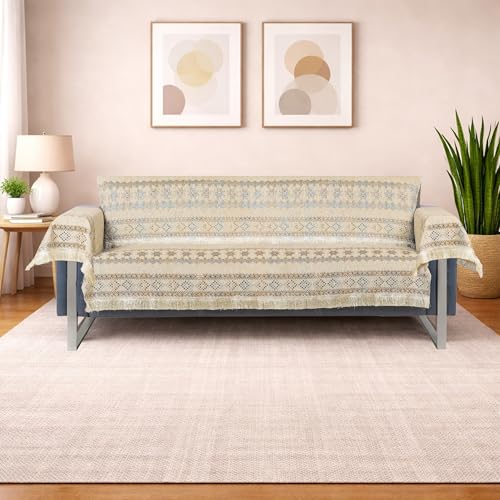 Image of Elegant Woven Beige Sofa Cover - Soft Chenille Traditional Pattern with Lace Style | L-Shape Sectional Seat Protector for Living Room | Durable & Stylish Slipcover 3 Seater with Arms