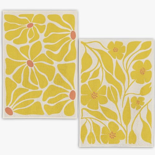 WFSM Lot de 2 torchons de cuisine à motif floral jaune - Torchons de cuisine et de salle de bain décoratifs à fleurs jaunes - 40,6 x 61 cm (jaune)