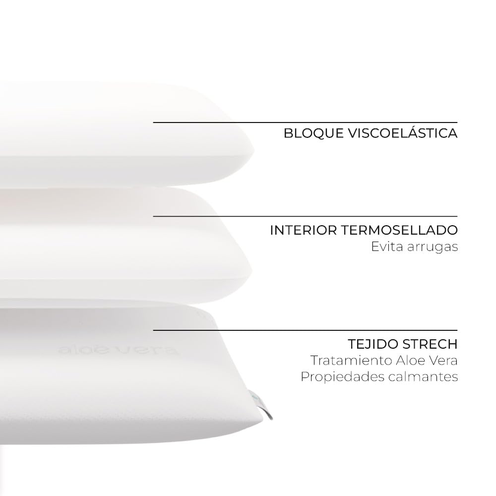 DON DESCANSO Aloe Vera Visco Cushion Set of 2 70 cm Agatha with Double Cover Breathable Anti-Mite Thermo-Adjustable Medium Strength Perfect Adapt to Neck and Head Stretch Fabric
