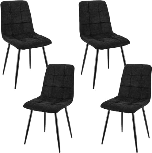 JIJIAN Set di 4 Sedie da Pranzo, Sedie Imbottite con Tessuto di Lino e Gambe in Metallo Nero, Design a Scacchi, per Sala da Pranzo, Soggiorno, Camera da Letto, Cucina, Soggiorno, Reception, Nero