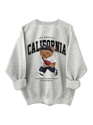 SweatyRocks Womens Letter Bear Graphic Sweatshirt Casual Long Sleeve Thermal Lined Pullover Tops Light Grey Medium