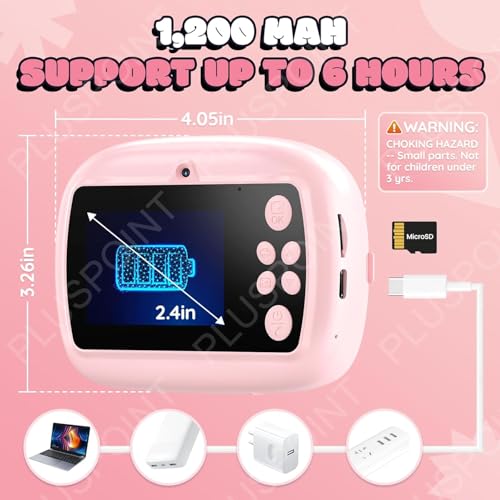 Image of PLUSPOINT Instant Print Cute Cartoon Camera for Kids, Dual Selfie Digital Camera with 1080P HD Videos Recoding, Instant Photo Printer Best Birthday Gift for Boys and Girls