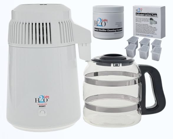 H2o Labs Best-in-Class Model 300 White Baked-enameled Metal Body 1-Gallon Countertop Home Water Distiller with Ergonomic Easy-Lift Glass Carafe,