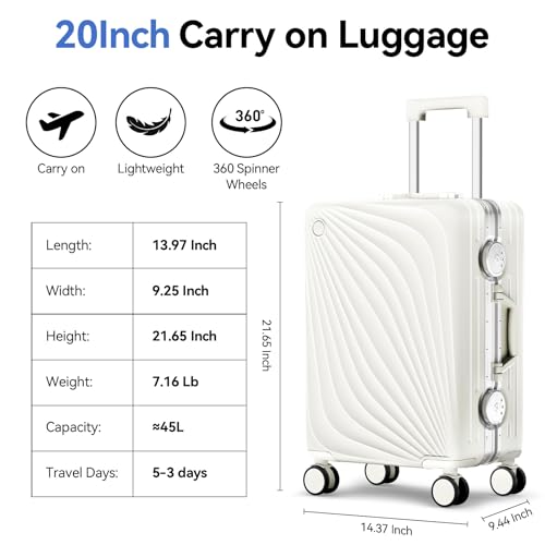 Image of Carry On Luggage, Hardside Zipperless Suitcase, Ivory White, 20 in | Airline Approved, Aluminum Frame, TSA Lock, 360Spinner Wheels, PC, Charger Port, Cup and Phone Holder, Side Hook