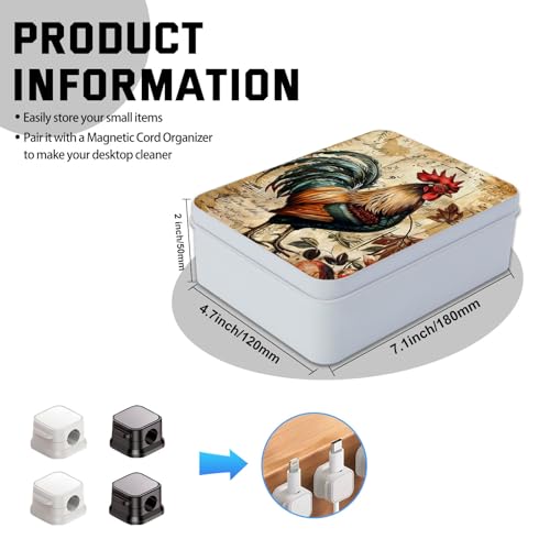 Image of Metal Tin Box with Lid,Multi-functional Storage Large Box Can Store Tea Biscuits Game Cards, Playing & Tarot Cards-Comes with 4 Magnetic Cord Clips,Vintage Rooster Art