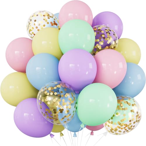 Adeyoo Pastel Balloons - 12 Inch Pastel Balloons with Gold Confetti Balloon Multicoloured Rainbow Balloon for Birthday Baby Shower Wedding Unicorn Theme Party Decorations (48Pcs)