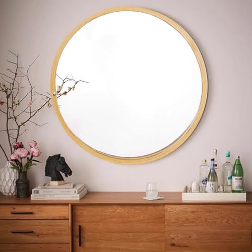 木製鏡 壁掛け鏡 飛散防止 壁掛けミラー 北欧風 ウォールミラー 壁掛け 丸型ミラー 直径 350MM 450MM 600MM サークル化粧鏡 浴室用化粧鏡 壁飾り鏡 浴室/お風呂用/部屋/玄関 インテリア 壁飾り お風呂用 部屋(600mm)