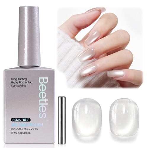 Beetles Moonlit Veil Clear Cat Eye Gel Nail Polish - 15ML Full Size Moonlight White Silver Cat Glitter Gel Polish Shimmer Translucent Sheer Glass Magnetic Color Soak Off UV Salon DIY at Home Gifts