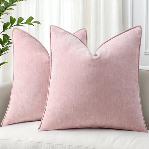 decorUhome Couch Throw Pillow Covers 18x18 Set of 2, Decorative Soft Euro Neutral Chenille Pillow Covers with Elegant Design for Sofa Bed Living Room Home Decor, Blush Pink