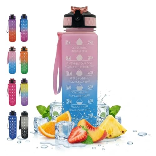 NelQuieOra Botella motivacional de 1 l, color rosa y azul, sin BPA