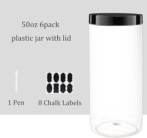 Miniatura 3 de Paquete de 6 tarros de plástico transparente de 50 onzas con tapas negras, etiquetas de tiza, bolígrafo, tarros de plástico para almacenamiento de