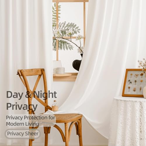 Image of MYSTIC-HOME Sheer Curtains 95 Inches Long 2 Panels White 100% Privacy Light Filtering Drapes for Bedroom & Living Room, Cortinas Para Sala with Soft Voile Fabric&Rod Pocket /Back Tab Design 52 inchW x 95 inchL