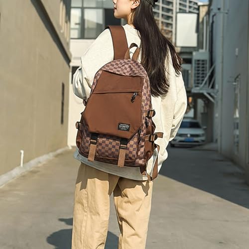 Teclado Fashion Backpack Checkered Casual Bookbags Lightweight Laptop Bag Outing Travel Daypacks (Brown)3