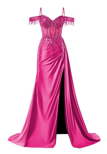 ForElise Women's Off Shoulder Satin Prom Dresses 2025 Long Slit Beaded Mermaid Corset Formal Evening Gown