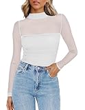 Zeagoo Women's Sexy Mock Turtle Neck Long Sleeve Tops Sheer Mesh Ruched Trendy Going Out Shirts Blouse White