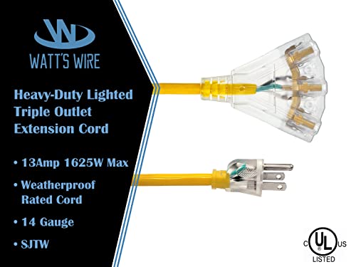 100 Ft - 14 Gauge Heavy Duty 3-Outlet Lighted Sjtw Indoor/Outdoor Yellow Extension Cord By Watt's Wire - Long 100' 14-Gauge Grounded 13-Amp Power-Cord (100 Foot 14-Awg Yellow) #TOP1