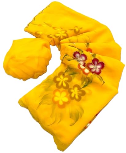 Image of Arkia Women's Floral Hand Embroidered Hand Painted Georgette Saree with Flowers, Traditional Indian Ethnic Wear