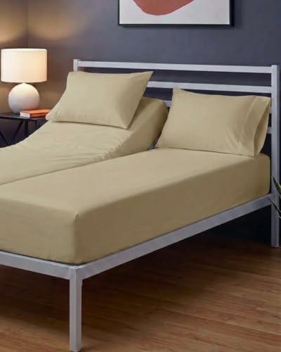 Image of Sleepy Town Split King Size Bed Sheets - 4 Piece - NO Flat Sheet Included - Split King Sheet Set - Soft, Comfy & Cooling - Easy Care - Wrinkle & Fade Free - Brushed Microfiber Bed Sheets (Beige)