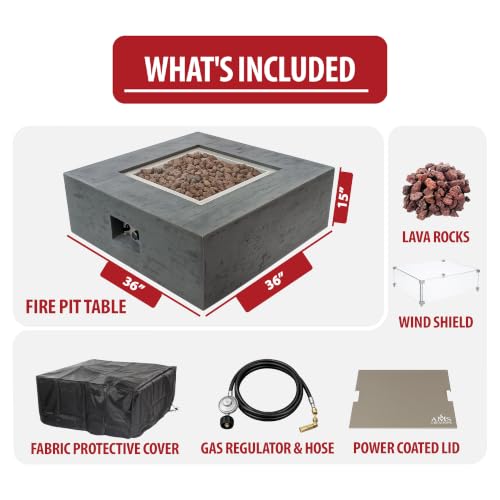 Image of AMS Creations | Albany 36 inches Square Natural Gas Outdoor Fire Pit Table | Concrete GFRC Fire Pit Table | with SS Lid, Canvas Cover, Lava Rock and Wind Guard Included