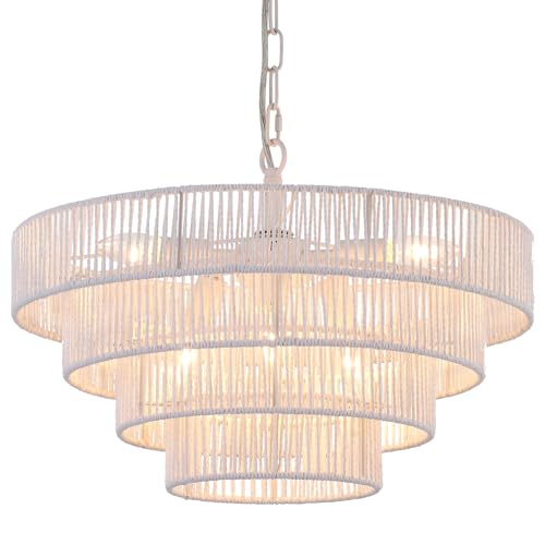 ELYCCUPA 6-Lights 20" Hand-Woven Rattan Pendant Light Coastal 4 Round Transitional Minimalist Boho Large Pendant Light, for Kitchen Island Dining Room Living Room Hallway, White, UL Listed