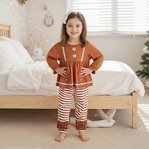 Toddler Baby Girl Christmas Outfit Gingerbread Man T Shirt Striped Pants Set Kids Little Girls Fall Winter Clothes2