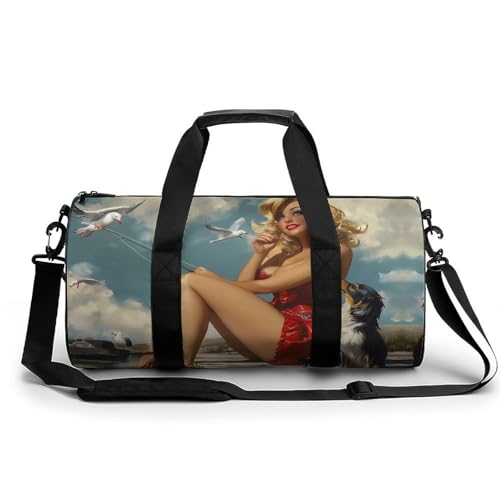 Pinup Girl with Fishing Pole Sports Gym Bag Travel Duffel Workout Bag with Adjustable Strap