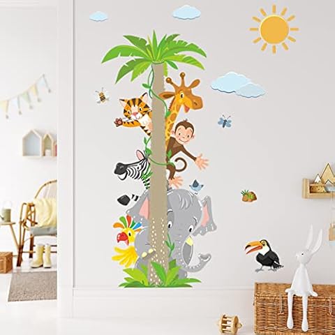 Sappheiros Jungle Animals Wall Stickers, Vinyl Decal for Kids Room, Waterproof, Includes Monkey, Giraffe, Tiger, Zebra, Elephant, 1 Sheet Cover