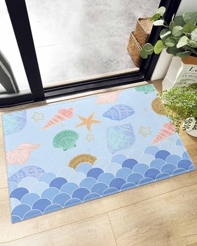 Indoor Doormat Watercolor Sea Shell Starfish Conch,Shaggy Floor Mat with Non-Skid Backing Marine Ocean Life Circle on Blue,Machine Washable Plush Area Rug Carpets for Kitchen Nursery Bedroom