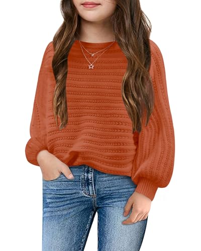 Mafulus Girl's Puff Long Sleeve Crewneck Pullover Sweaters Kids Cable Knit Hollow Out Slouchy Cute Fall Jumper Tops 5-14T