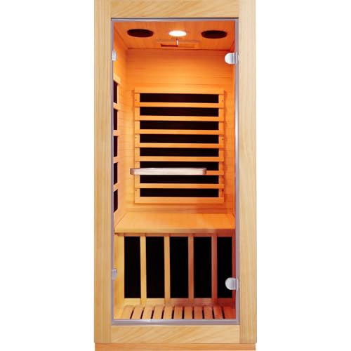 InfraHHZQ Single-Person Far-Infrared Sauna Cabin – 900W Home Spa Featuring Red Light Therapy and Bluetooth Speaker, Crafted from Obeche Wood – Dimensions: 28.35 x 32.28 x 61.42 inches