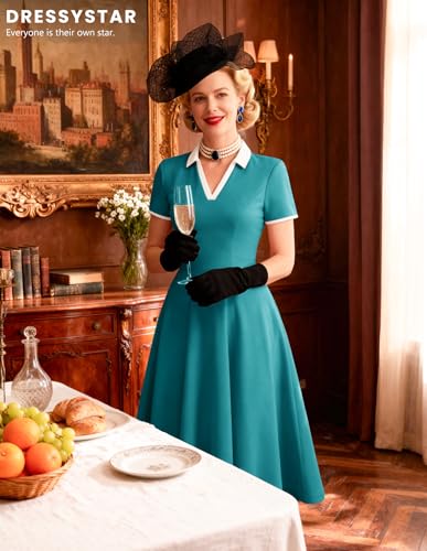 Image of Dressystar Women's 1950s Vintage Swing Dress Short Sleeve V Neck A Line Retro Rockabilly Cocktail Party Dresses With Pockets