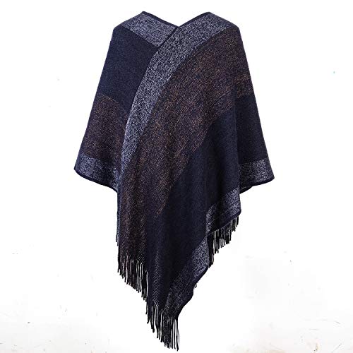 Image of Women's Elegant Knitted Shawl Poncho with Fringed V-Neck Striped Sweater Pullover Cape Gifts for Women Mom