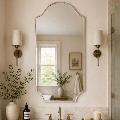 Image of TEHOME Scalloped Brushed Nickel Bathroom Vanity Mirror, Silver Decorative Bathroom Mirror, 24x40''