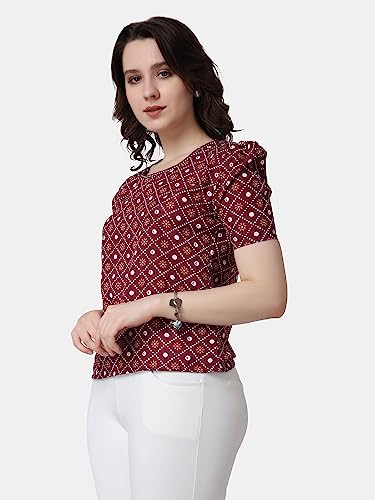Image of POPWINGS Casual Printed Puff Sleeves Round Neck Top for Women || Stylish Summer Tops for Women || Hip-Length Women Top