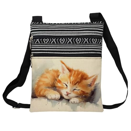 Sleepy Kitten Messenger Bag Small Ethnic Pattern Printed Adjustable Strap Crossbody Zipper Bag Sleepy Kitten Phone Bag Wallet Cute Shoulder Handbag for Women