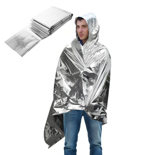 Image of Tiiyee Emergency Blanket, Mylar Thermal Blanket Emergency Silver Foil Rain Poncho with Hood for Outdoors Travel Hiking Camping Body Warmer First Aid Metallized Covering Sheet Survival Rescue Gear