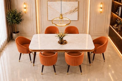 Image of WOODEN SPACE 6-Seater Wooden Dining Table Set | Nano Composite Marble Top | Solid Wood Base | Modern Dining Room Furniture with 6 Chairs (Mustard)