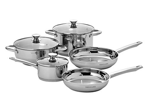 YANXUAN Stainless Steel Cookware Set 8-Piece Pot and Pan Set with Glass Lids Dishwasher Safe Oven Safe