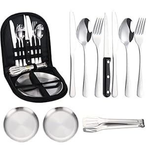 Flatware Set 10-pcs Mess kit Stainless Steel Portable Outdoor Cutlery Travel Camping Steak Knife Fork Spoon Cloth Bag Cutlery Set(Silver)