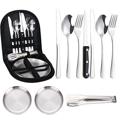 Flatware Set 10-pcs Mess kit Stainless Steel Portable Outdoor Cutlery Travel Camping Steak Knife Fork Spoon Cloth Bag Cutlery Set(Silver)