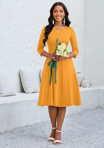 Image of CLOCOR Casual Midi Dresses for Women A-Line Fit and Flare Elegant Church 3 /4 Sleeve Crew Neck Dress with Pocket