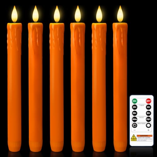 Image of Homemory Orange Flameless Taper Candles with Remote Timer, 9.6 Inch Real Wax Battery Operated Candlesticks, Flickering Warmer Light Led Tapered Candle 6 Pack for Halloween Home Decor