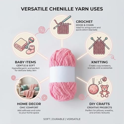 Image of Soft Chenille Yarn 100 gm Soft Velvet Wool Oon for Crochet Knitting DIY Craft Multipurpose Yarn Ball for Blanket Scarf Cushion Making (Purple) (Pink)